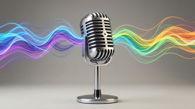 Retro microphone with vibrant rainbow sound waves emitting on a neutral background modern audio concept