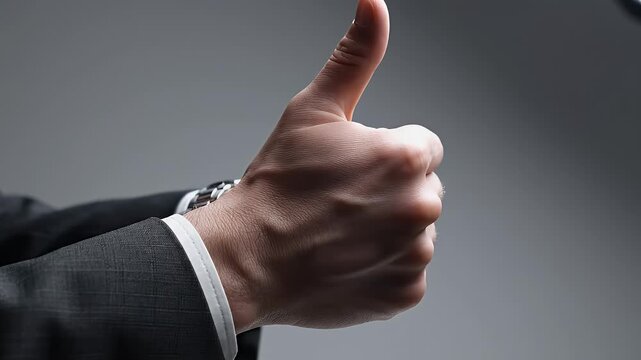 Closeup of a hand in a suit, giving a thumbs up