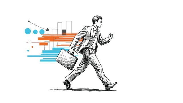 Sketch of a businessman walking purposefully with a briefcase against a backdrop of colorful financial charts and graphs for corporate success.