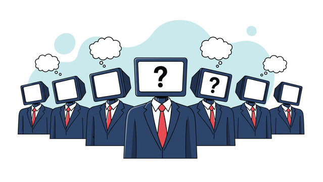 Group of business people with computer monitors as heads stand together while thoughts and questions appear in bubbles.