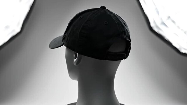 Black cap on mannequin in studio lighting display