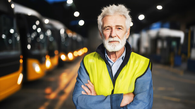 Experienced senior bus driver in high visibility vest standing with arms crossed at bus depot