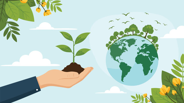 Human hand holds a young green sapling with soil next to a lush green earth globe covered in trees and birds.