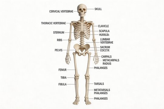 Human skeleton diagram with labeled bones