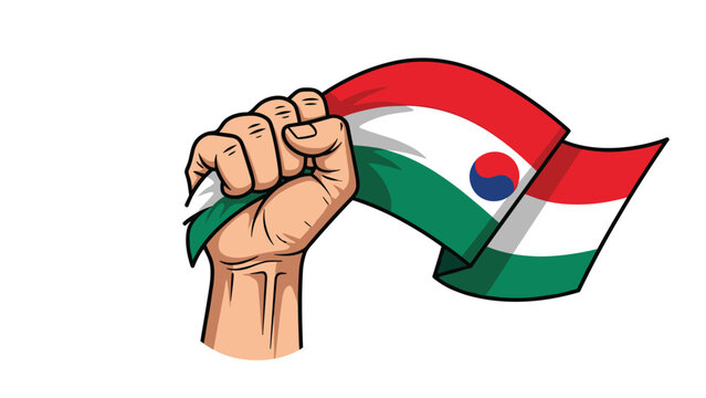 Human fist holds a flag with green white red stripes and a south korean taegeuk symbol representing international unity and cultural pride.