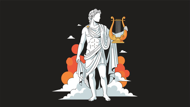 Classical statue of greek god apollo standing on clouds and holding a golden lyre against a dramatic dark sky with orange circles.