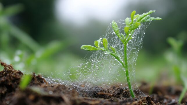 Macro shot of a young green bean plant seedling covered in a delicate spiderweb glistening with morning dew water droplets growing from dark soil in a natural garden background.
