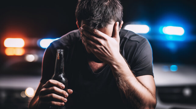 Distressed man covering face, holding alcohol bottle, police car lights flashing behind for drunk driving incident