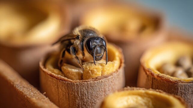 Macro close-up of a honey bee tending to a drone bee larva in its early developmental stage inside a hexagonal wax cell on a wooden brood frame within a healthy beehive apiary.