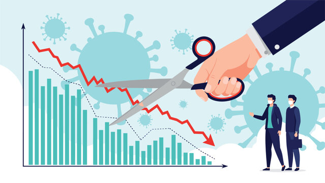 Professional businessman wearing a face mask watches as a giant hand uses scissors to cut a downward red arrow on a financial bar chart.
