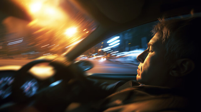 Male driver sleeping at the wheel during night driving, risking a car accident due to extreme fatigue and drowsiness