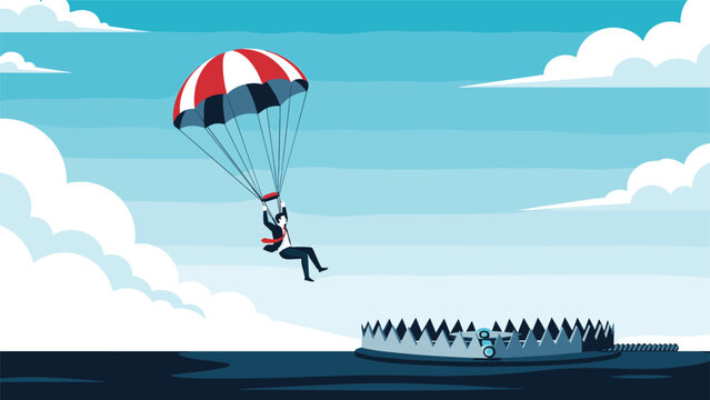 Risk taking businessman in a suit uses a red and white parachute while falling toward a dangerous metal bear trap in a sky with white clouds.