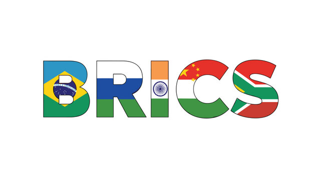 International political acronym BRICS spelled out with the colorful national flags of Brazil, Russia, India, China, and South Africa inside.