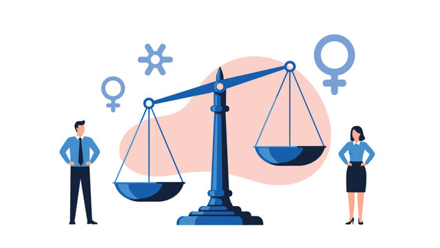 Large blue justice scale balancing a man and a woman to represent gender equality, fair pay, and equal opportunities in a professional setting.