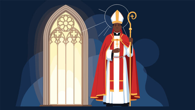 Illustration of a high religious official wearing traditional robes and a mitre standing next to a decorative arched stained glass window.