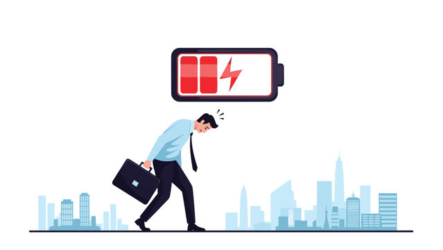 Tired businessman walking through a city with a low battery icon overhead symbolizing work fatigue and the need for a mental health break.