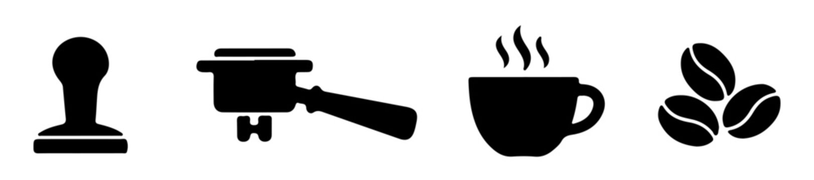 Coffee Equipment Silhouette Icons with Tamper Portafilter Steaming Cup and Beans Isolated on Transparent Background