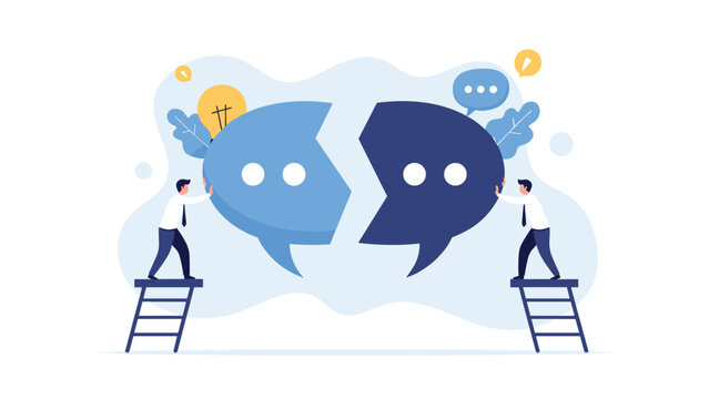 Two businessmen on ladders working together to reconnect the pieces of a broken speech bubble symbolizing the repair of communication.
