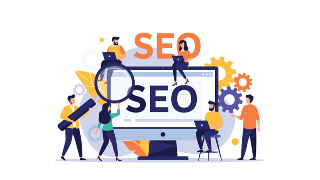 Team of digital marketing professionals working together around a large computer monitor with the word SEO to optimize website ranking.