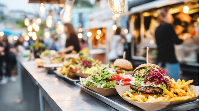 Street food festival offering gourmet burgers, crispy fries, and fresh salads on a lively evening