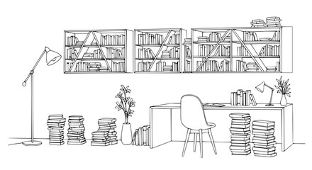 Contemporary library interior black white vector sketch with bookshelves desk and reading space © MdAmzad