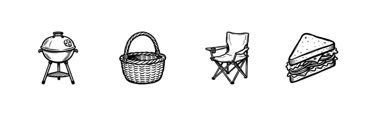 Obraz premium Outdoor Picnic and Summer Barbecue Essentials with Hand-Drawn Inky Brushwork and Loose Freehand Sketch Aesthetic