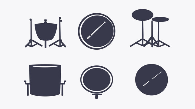 Dark blue icon set of drum kit timpani, snare, cymbals, bass drum and drum sticks