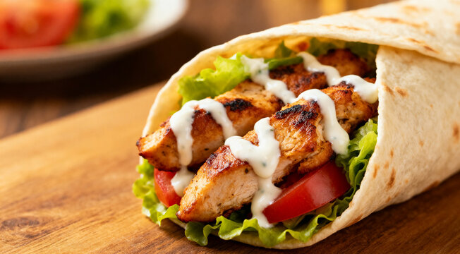 Close-up of juicy grilled chicken shawarma wrap with fresh salad and garlic white sauce dripping