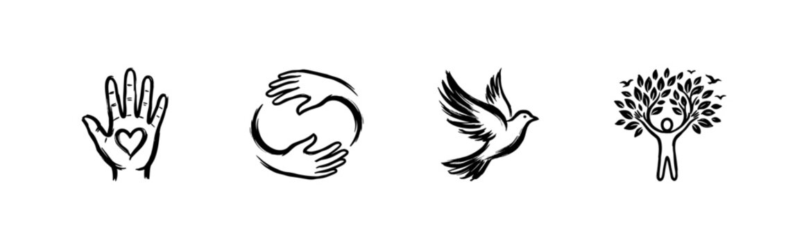 Human Care and Wellness Community Concepts with Fluid Ink Brush Strokes and Hand-Drawn Painterly Style for Charity and Non-Profit Branding