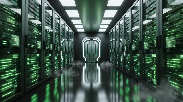 Long corridor with server racks and blue lights for corporate presentations, business marketing, and commercial use