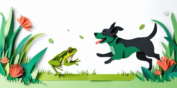 Papercraft scene depicts playful dog chasing vibrant green frog. Flowers, grass create whimsical outdoor setting. Joyful interaction.