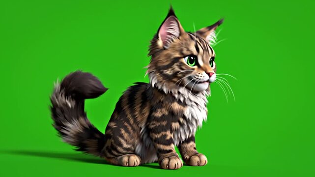 Striped tabby cat sitting on green backdrop for versatile visuals
