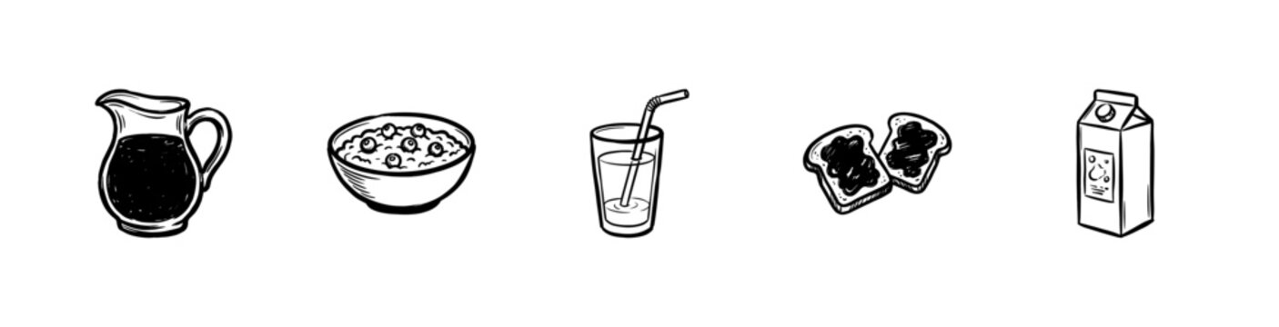 Healthy Breakfast Food and Morning Beverages with Fluid Ink Brush Strokes in Hand-Drawn Painterly Style