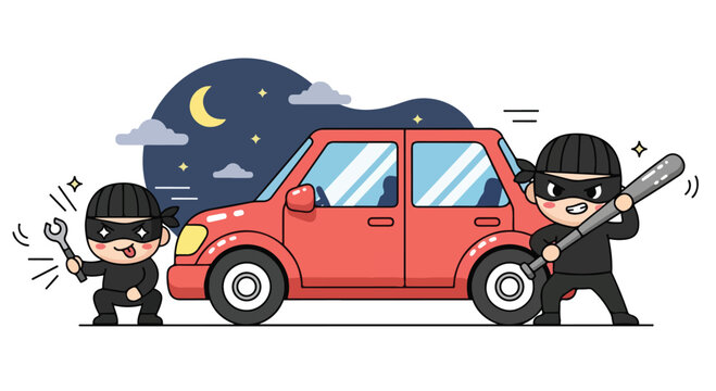 Cartoon illustration of two masked robbers stealing a red car at night with a full moon in the sky