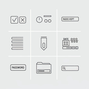 Nine minimalist UI icons arranged in a grid, featuring check marks, folders, search, and other interface elements in a clean, neutral style.