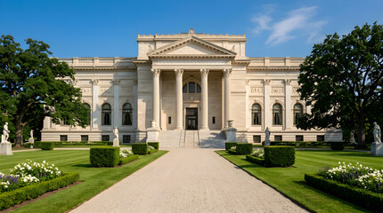 Fototapeta premium Classical building with manicured lawn and statues