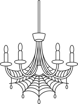 Black and white line of a chandelier covered in a spider web