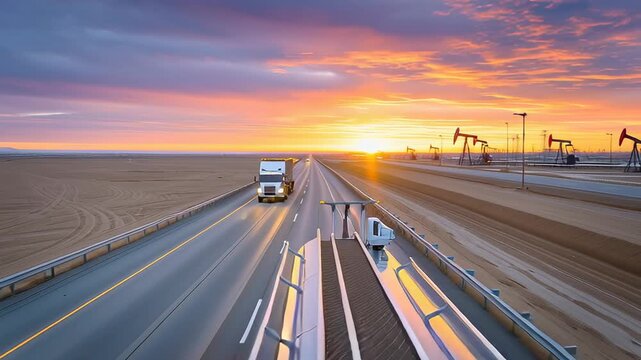 Fuel tanker truck driving on highway through oil field at sunset representing energy transport and petroleum industry