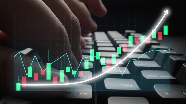 A close-up of a hand on a keyboard, focused on analyzing financial data displayed through graphs and charts, capturing market trends and growth insights. Copula