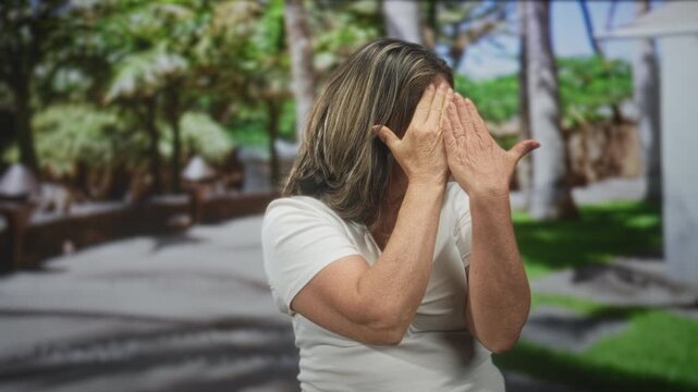 Hispanic senior woman with grey hair covers face with hands, palms pressed together, posing before a tropical backdrop in a studio; shyness privacy.