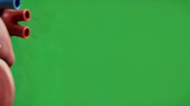 Close up of an anatomical human heart model panning from right to left on a green screen