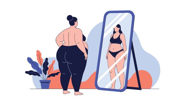 Concept of body dysmorphia showing a plus-size woman seeing a much thinner version of herself in a full-length mirror.