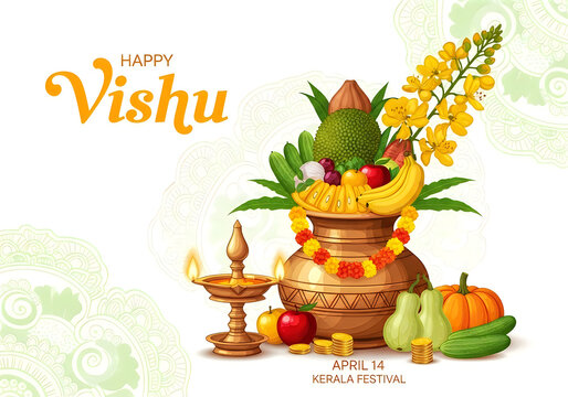 Happy Vishu festival celebration with traditional Kerala Vishukkani arrangement, coconut, fruits, lamp, mirror, flowers symbolizing prosperity, happiness, and new beginnings