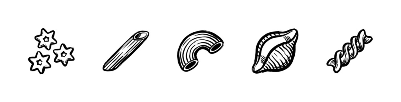 Italian Pasta Varieties and Traditional Flour Products in Hand-Drawn Inky Brushstroke Style