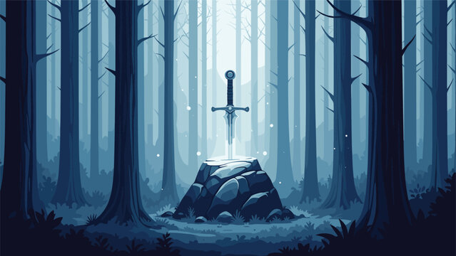 Legendary glowing sword stuck in a large stone surrounded by a dense foggy forest with tall pine trees under moonlight.