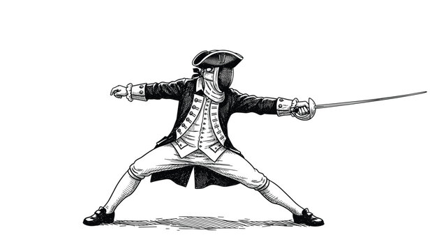Classic ink drawing of a male fencer in 18th century historical clothing lunging forward with an elegant thin rapier sword.