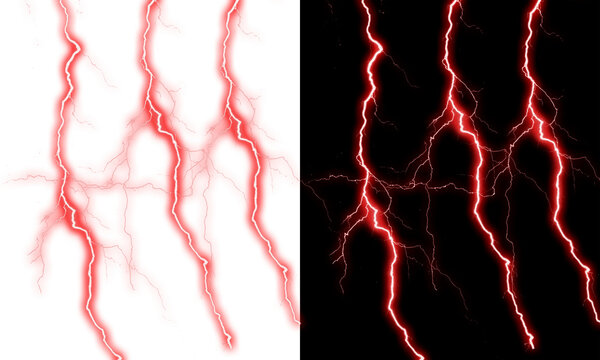 Intense red lightning bolts on transparent and black backgrounds.