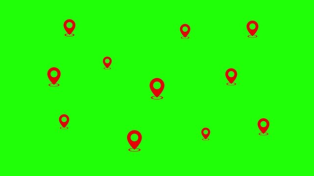 Animated background of many red location markers pulsing on a bright chroma key green screen