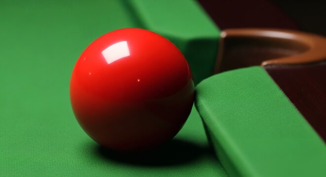 A red snooker ball sitting on a green baize table near a cushion