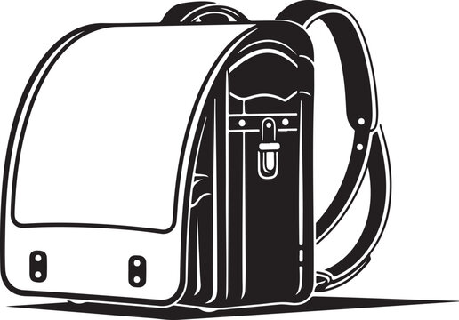 Black and white of a backpack with buckle and straps